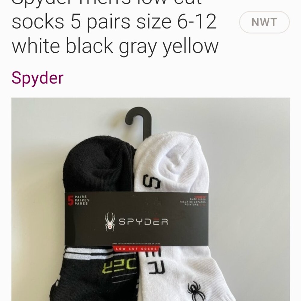 Spyder men’s low cut socks 5 pairs size 6-12 white black gray yellow